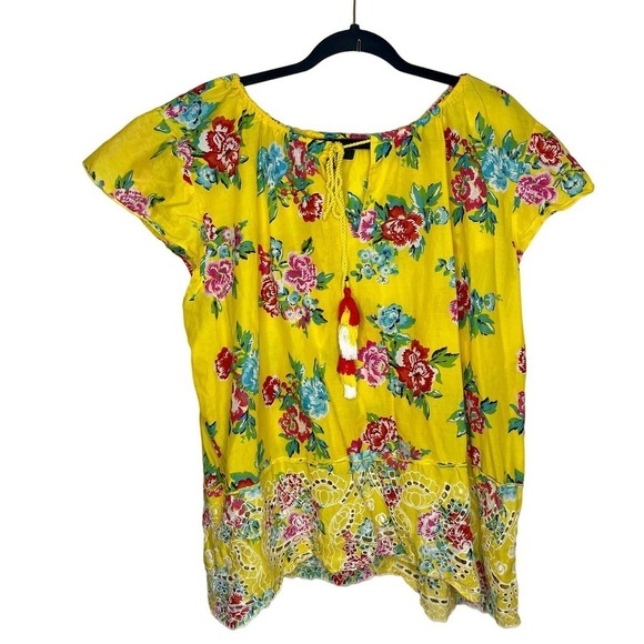 Relativity Yellow & Floral Light & Flowy Short Sleeve Top Shirt Plus Size 3X - Picture 1 of 8